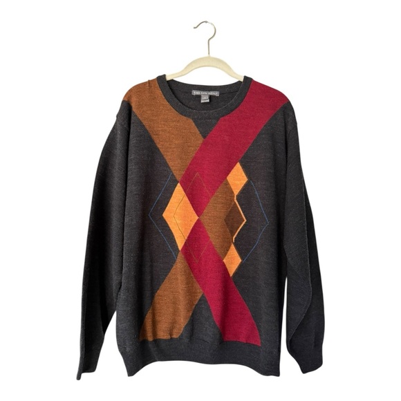 Saks Fifth Avenue Men’s Italian Wool Gray Sweater Red Orange Blue Argyle Size L - Picture 4 of 15